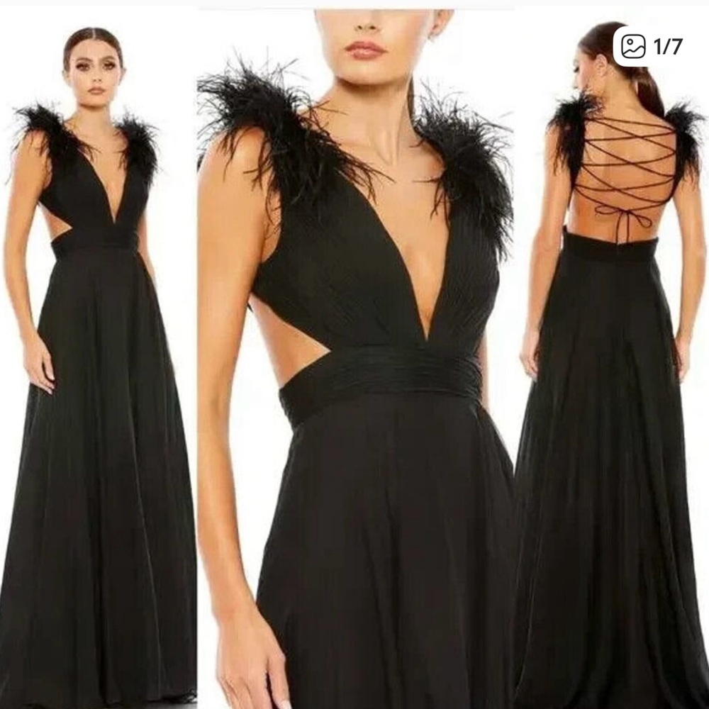 MAC DUGGAL Black Plunge Ostrich Feather Gown